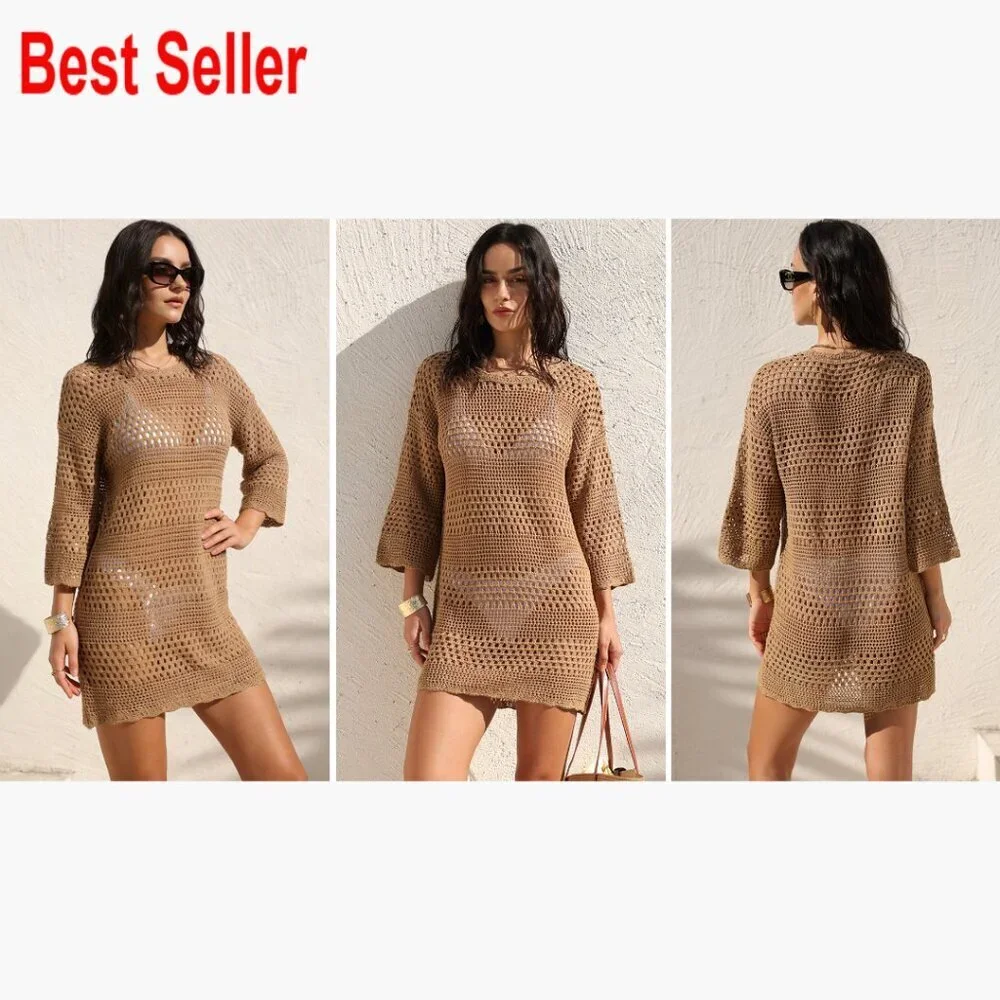 Crochet Mesh Knit Swimsuit Cover Up Mini Dress 3/4 Sleeve